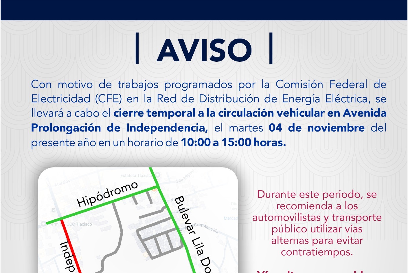 AVISO POR LA DIRECCION DE VIALIDAD MUNICIPAL