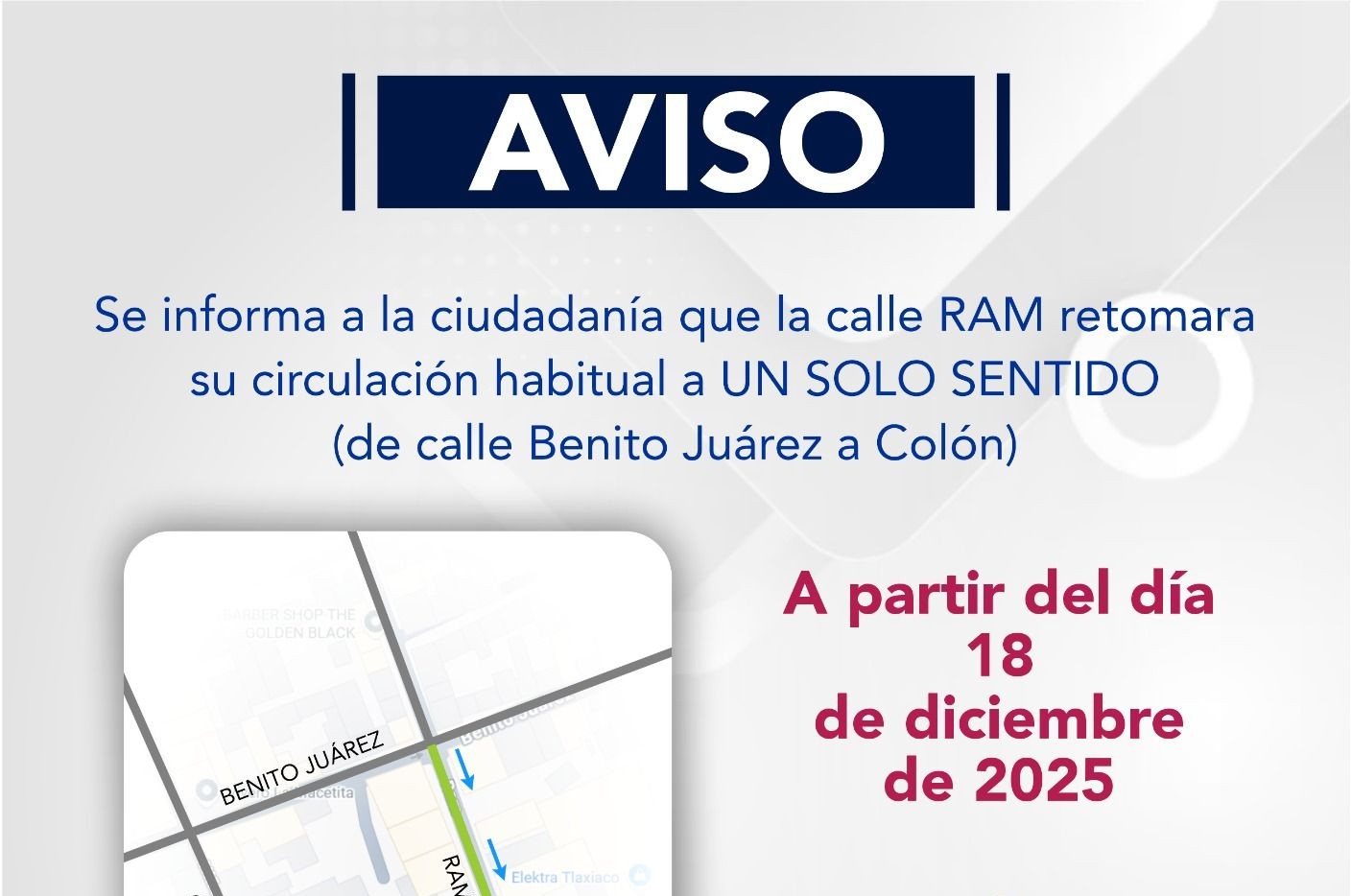 AVISO POR LA DIRECCIÓN DE VIALIDAD MUNICIPAL